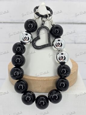 Black and Silver Heart Charm Beaded Phone/Key Lanyard CH4373